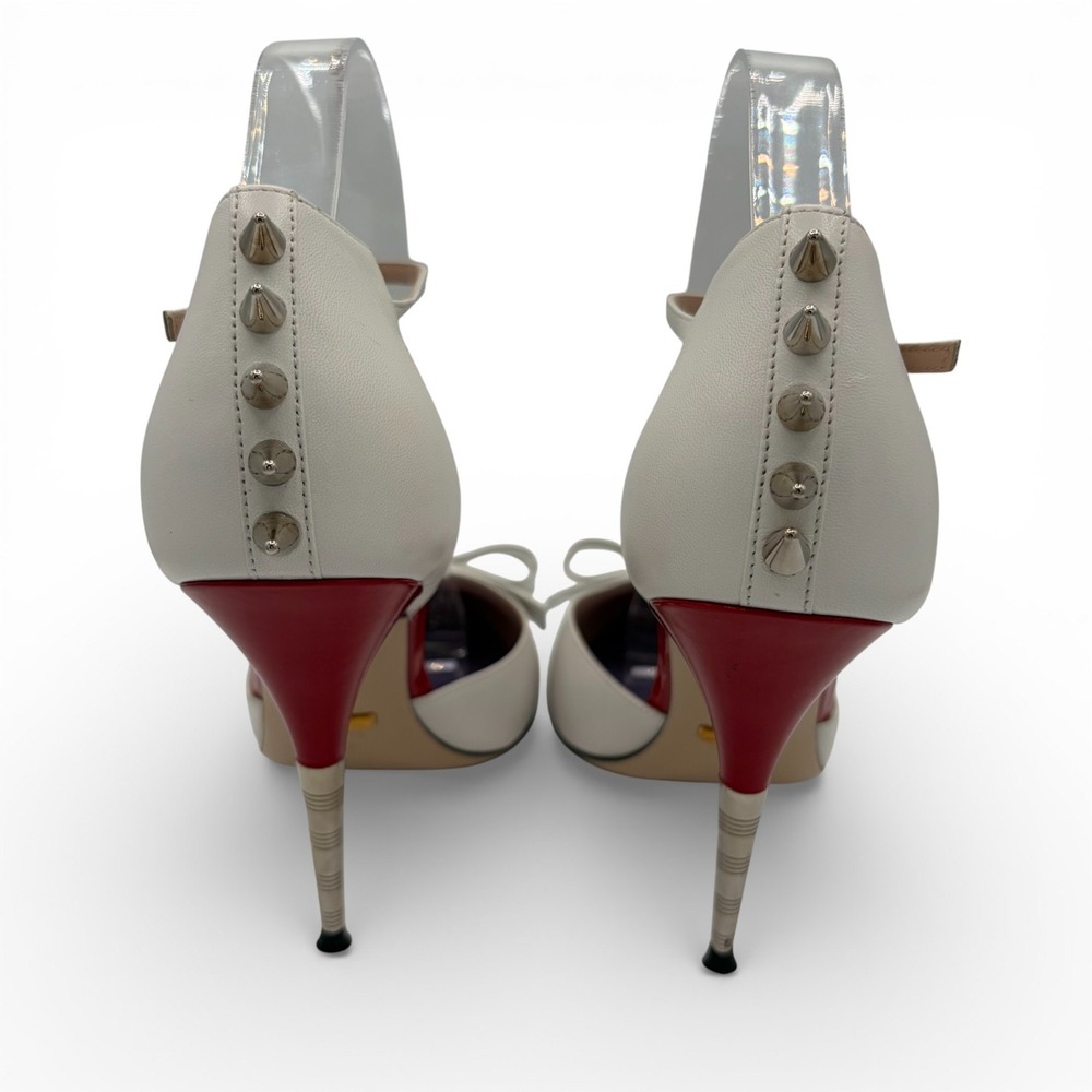 GUCCI Sadie *RARE* 2018 Studded Sz 38.5 White Leather Bow Heels Pumps 8.5 - Picture 4 of 12